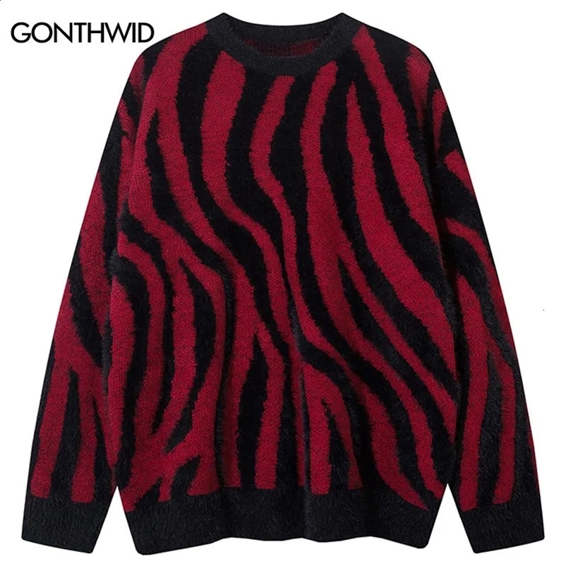 Mens ultra-fine sweater Y2K knitted color block stripe with floral comfort sweater hip-hop Harajuku long sleeved jumper red 240924