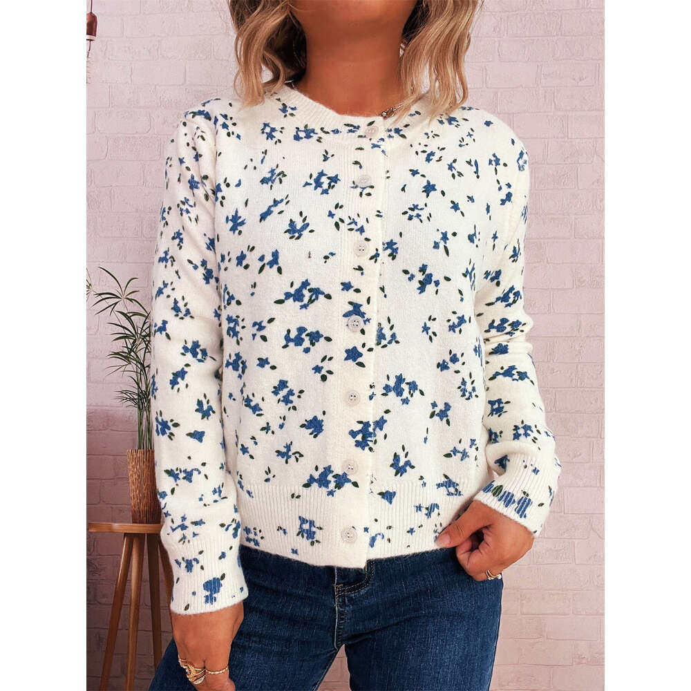 Autumn and Winter New Simple Floral Print Knitted Cardigan Commuter Round Neck Long Sleeve Jacket for Women