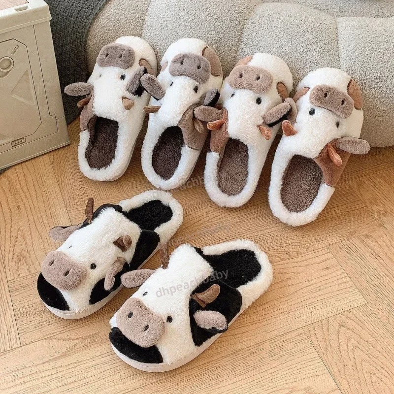 Plush Cow Print Flats for Men Women Comfortable Indoor Non-Skid Footwear Toecover Feature Winter warm cotton shoes Toe Wrap Warm Plaid Cotton Slippers