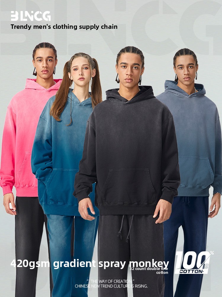 BLNCG Streetwear American 420g Heavyweight Cotton Washed Hoodie - Vintage Gradient, Spray Mosaic, Piece Dyed Jacket-WYM-06