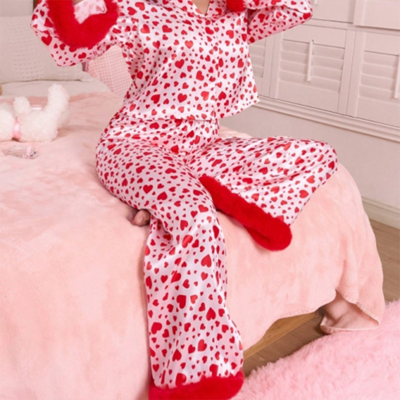 New Women's Spring/Fall Silk Satin Heart Print Fuzzy Cuff Long Sleeve Pajama Set for Homewear