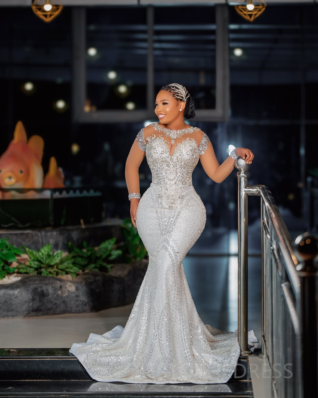 2025 African Wedding Dress Bridal Gowns For Bride Mermaid Illusion Sheer Neck Long Sleeves Appliqued Beaded Lace Detachable Train Wedding Gown For Wom