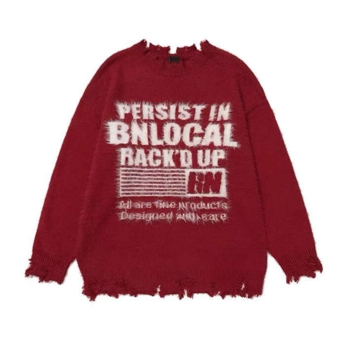 American Style Fashion Letter Sweater Autumn Loose Ins Trend Brand Street Irregular Frayed Knitwear