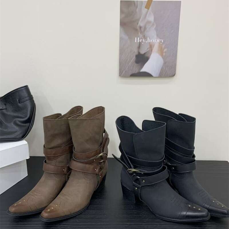 2025 Western Cowboy for Pointed Toe Chunky Heel Belt Buckle Rivet Mid-Calf Martin Women Boots