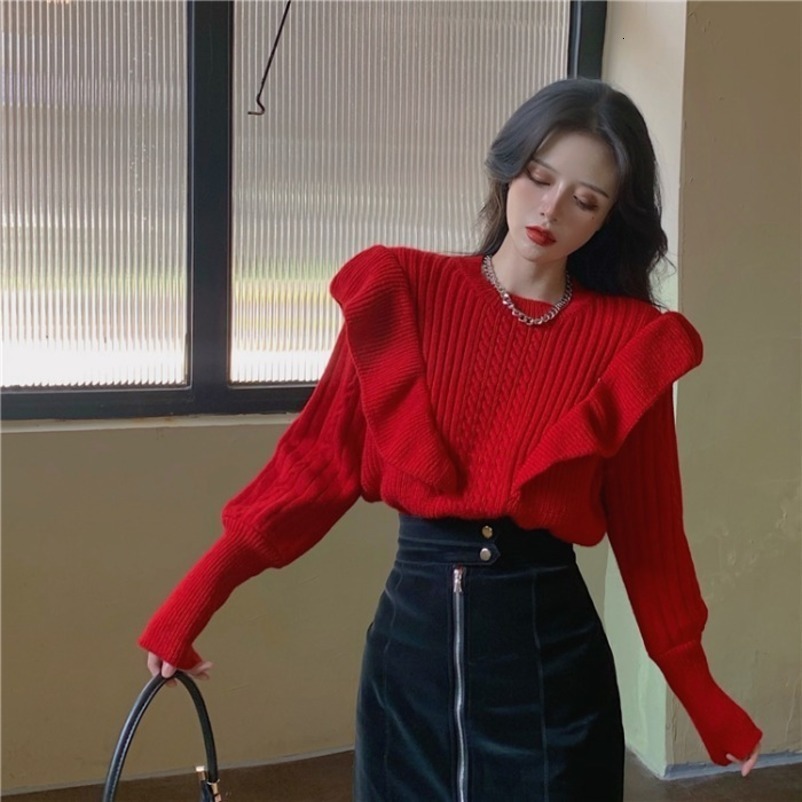 MATAKAWA Puff Sleeve Women's Sweater Spring Fashion Woman Sweaters Loose Ruffled Red Knitted Pullovers Top 210513