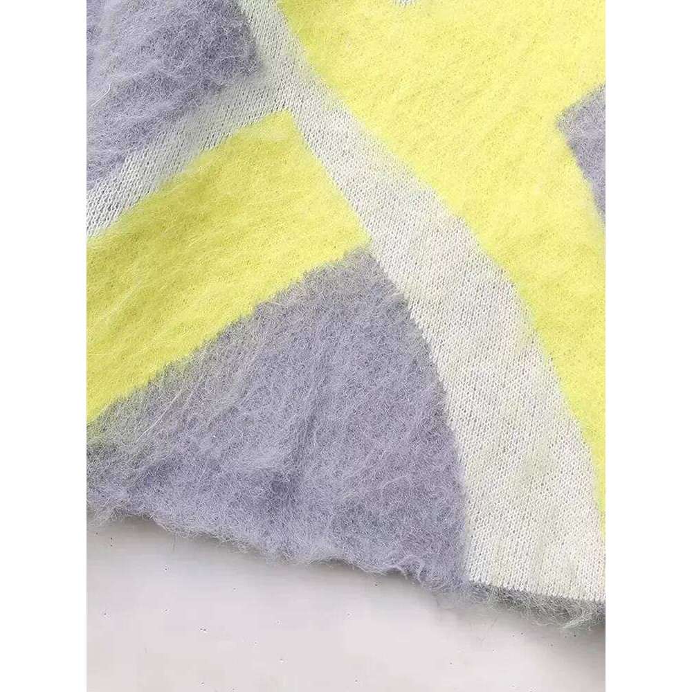 2024 Autumn Winter Women Contrast Patchwork Knitted Sweater Fashion Long Sleeve Vintage O-Neck Causal Pullover Loose Tops