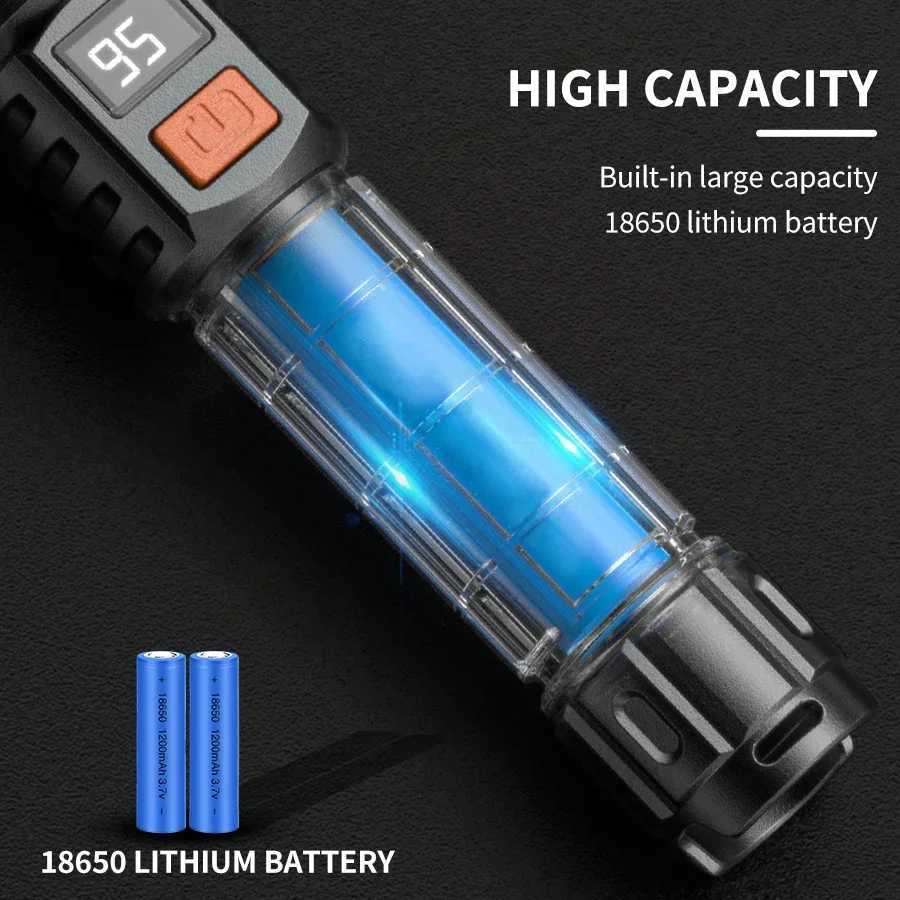 High Strong Power Led Flashlights 2000LM Tactical Torch with Display Light USB Charging Camping Fishing Emergency Zoom Lantern D2509281