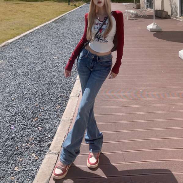 Women's Clothing Autumn Winter Retro Hot Girl Low Waist Flared Pants Simple And Versatile Slim Fit Stretch Jeans