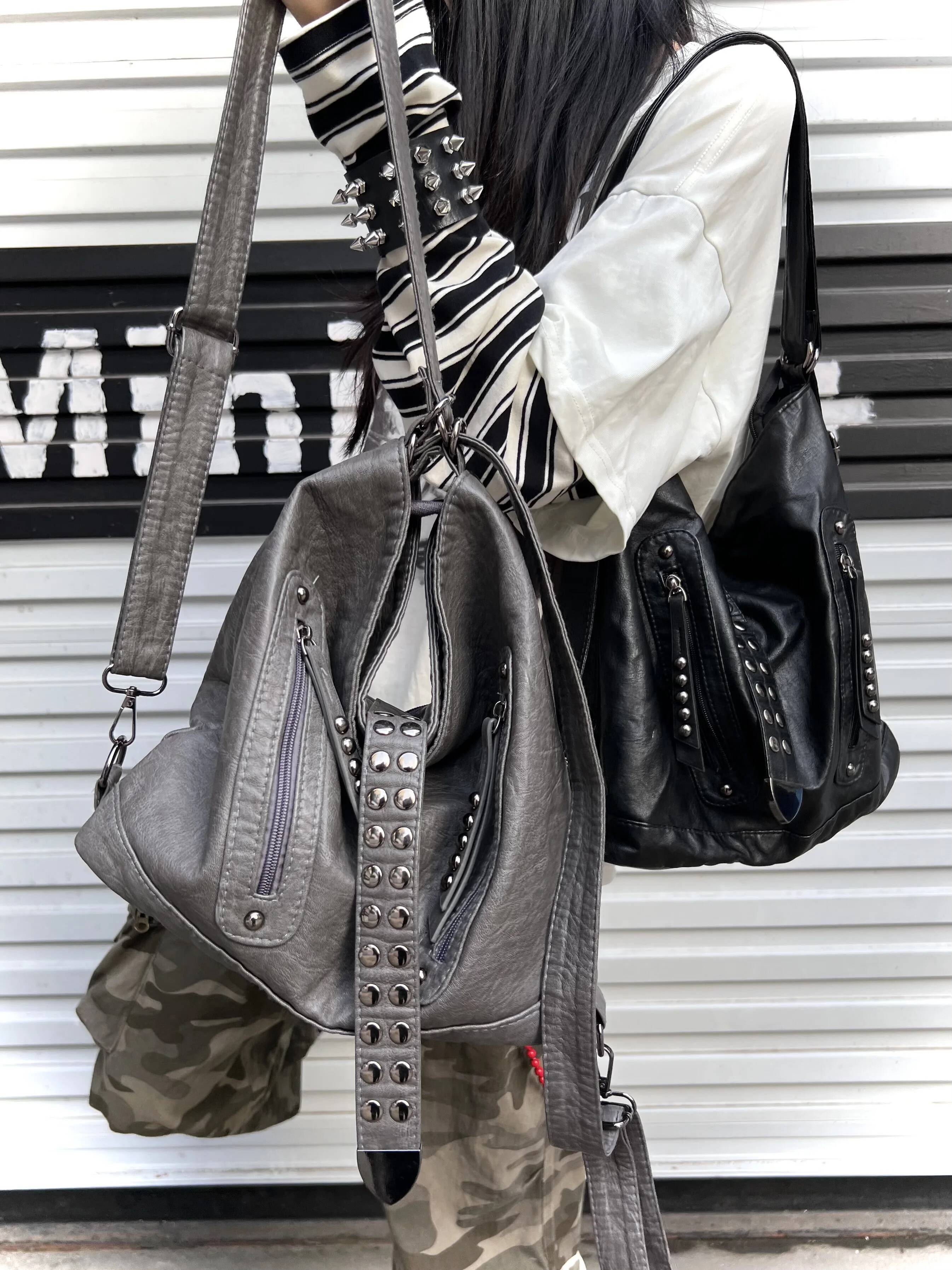 Retro Rivet Spice Girl Handbag Large Capacity Commuter Backpack Pu Leather Slack Shoulder Bags Women's Bag high-quality