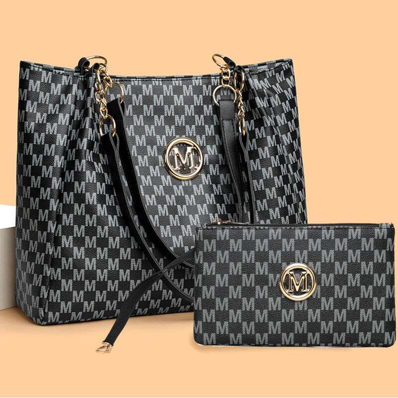 Stylish M-Print Tote & Clutch Bag Set With Chain Strap - Versatile PU Handbag Combo For Women Black/Brown/White