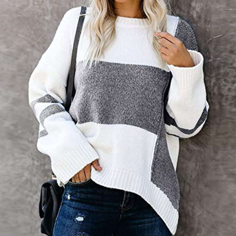 Autumn Winter New Striped Street Style Trendy Sweater Color Block Patchwork Crew Neck Pullover Knitwear