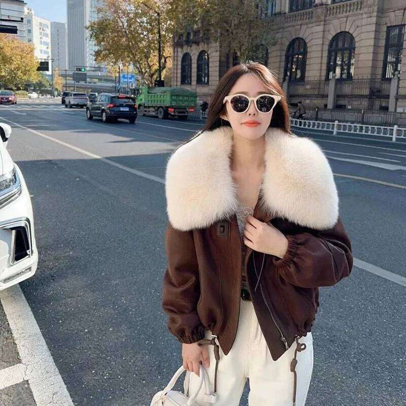 Big Collar Faux Fox Fur Jacket Women's Overcoat 2025 Winter New Down Liner Fashion Loose Thicke Warm Biker Clothes Outwear