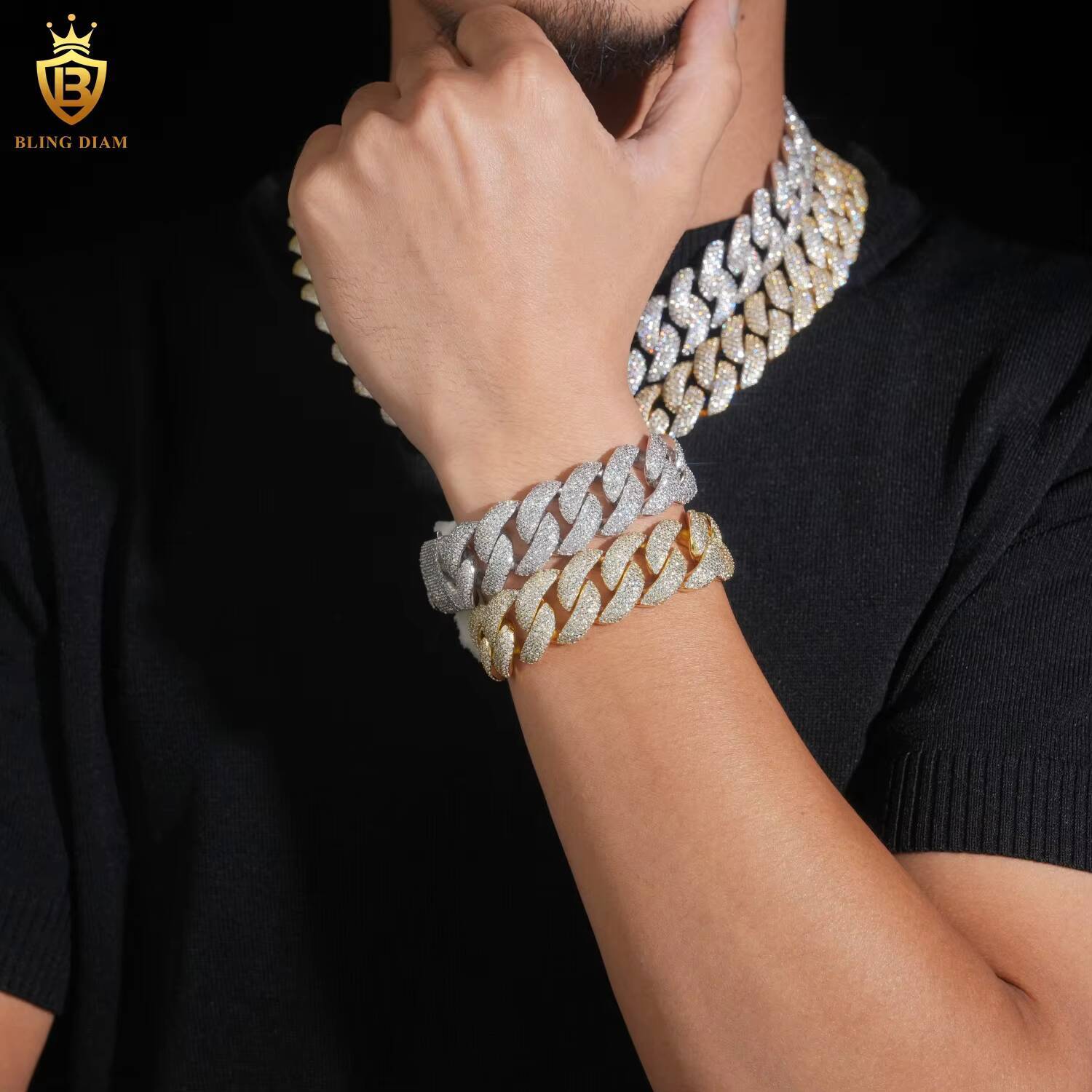 Wholesale Price 20mm Brass Moissanite Cuban Link Chian Iced Out Rapper HipHop Style Jewelry Chain for Men Moissanite Link Chain in Stock