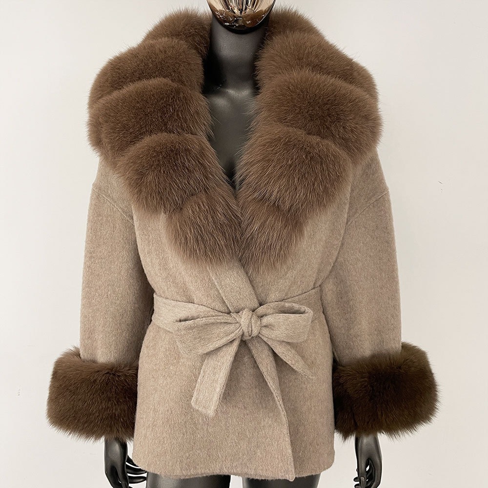 2024 New Autumn and Winter Oversized Fox Collar High-end Double-sided Fur Coat for Women, Mid-length Loose Woolen Jacket
