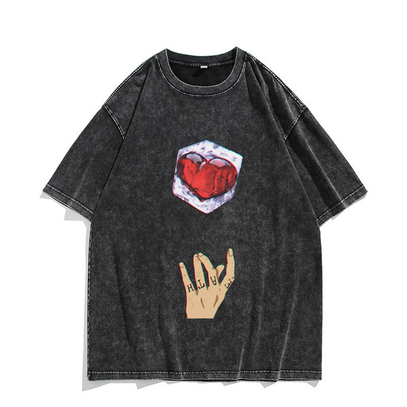 American-Style Washed Vintage Cotton T-Shirt Trafalgar Law ROOM Japanese Anime Print Washed Distressed Short-Sleeve T-Shirt - CJ7717