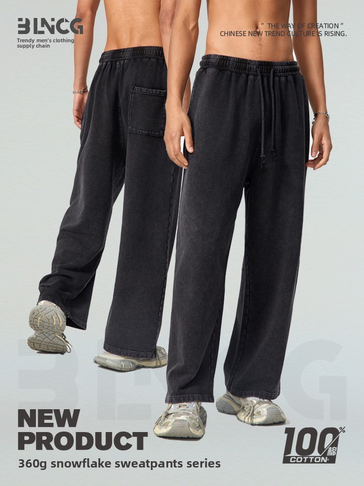 BLNCG Oversized Washed Straight Trousers: Men's Paris Hue, Vintage Snow Wash, Heavy Sweatpants, Street Style-WKL-09
