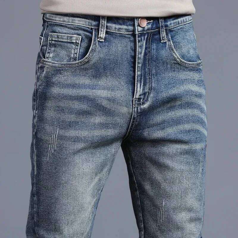 Men's Vintage Jeans Korean Fashion Slim Little Feet Embroidered Trousers Stretch Male Streetwear Denim Pants
