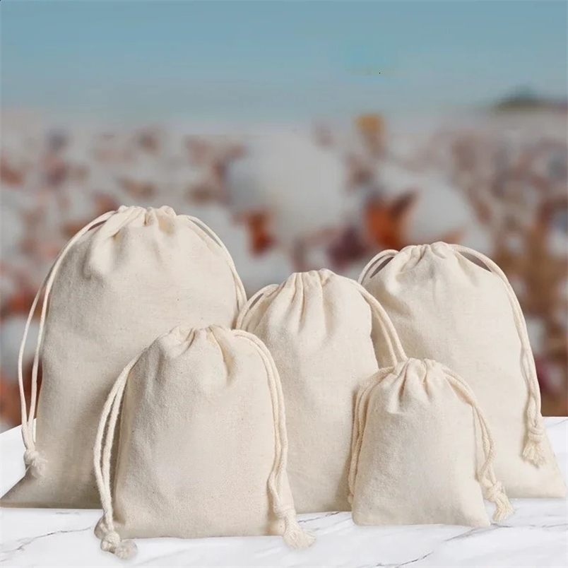 Beige cotton linen drawstring bag multi size coin money card holder gift jewelry cosmetics travel washing storage 240724Zl