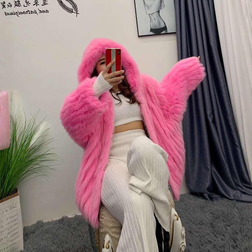 2025 Winter New Finnish Stripe Fox Knitted Coat With Hood Batwing Style Faux Fur Jacket