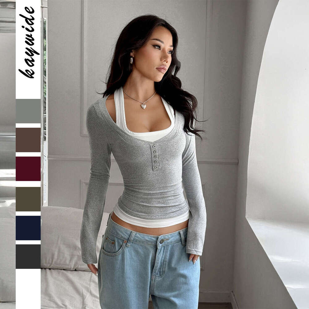 Y2K Hot Girl Style Fake Two-Piece Strap Long Sleeve T-Shirt Women's Fashion 2025 Spring Summer