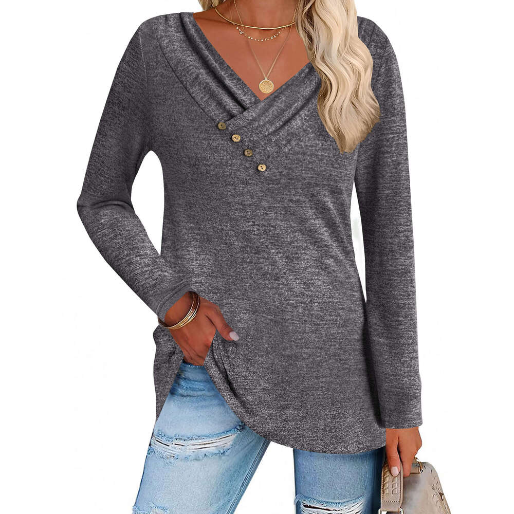 Autumn Winter T-shirt Brushed French Velvet Long Sleeve V-neck Button Tops Women's Clothing