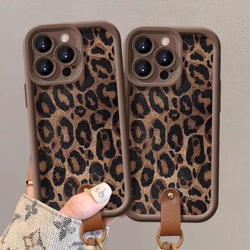 Leopard Print Lanyard Compatible with Apple 17 Phone Case 16PROMAX Lambskin 15 Matte Silicone Premium Shockproof