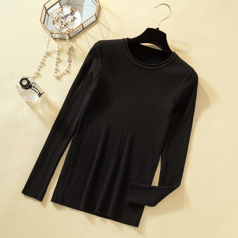 fashion Korean version of simple pure color O-neck long-sleeve knited shirt female Autumn winter slim based shirt 7249 50 210518