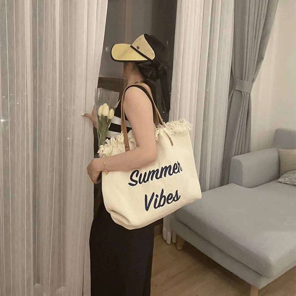 Handbag Woman Design Simple Niche Travel Beach Tote Bag Tassel Letter Embroidery Fashion Large Capacity Shoulder Bags 2022