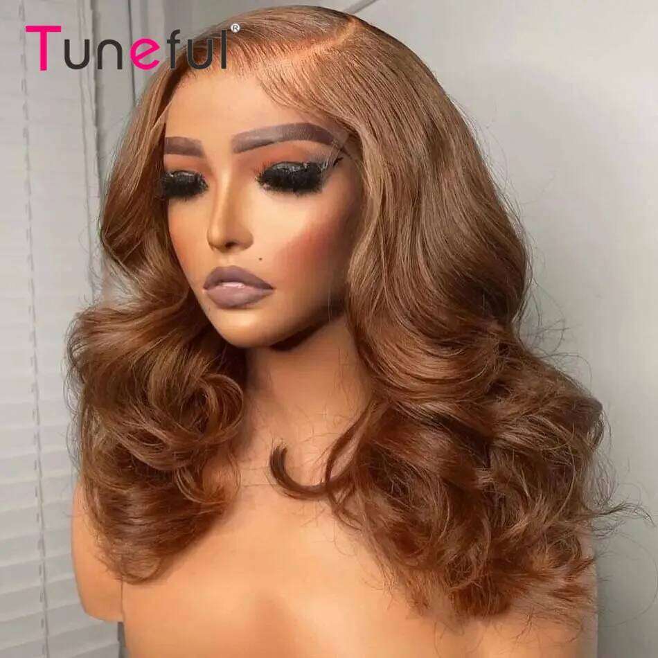 Tuneful Ginger Brown Colored Short Bob Loose Wave Wavy 13X4 Full Frontal Human Hair Lace Front Wigs 210% Density Xiusiyuan2509