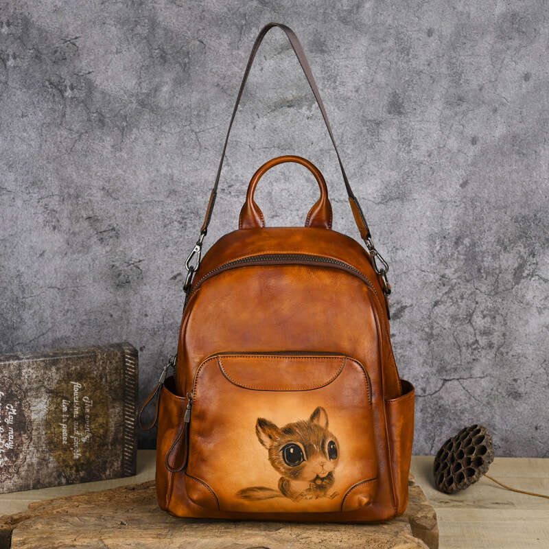 designer bag Luxury bag Top Layer Cowhide Chinese Style Large Capacity Backpack Vegetable Tanned Leather Double Shoulder Women's Bag Handmade Pra