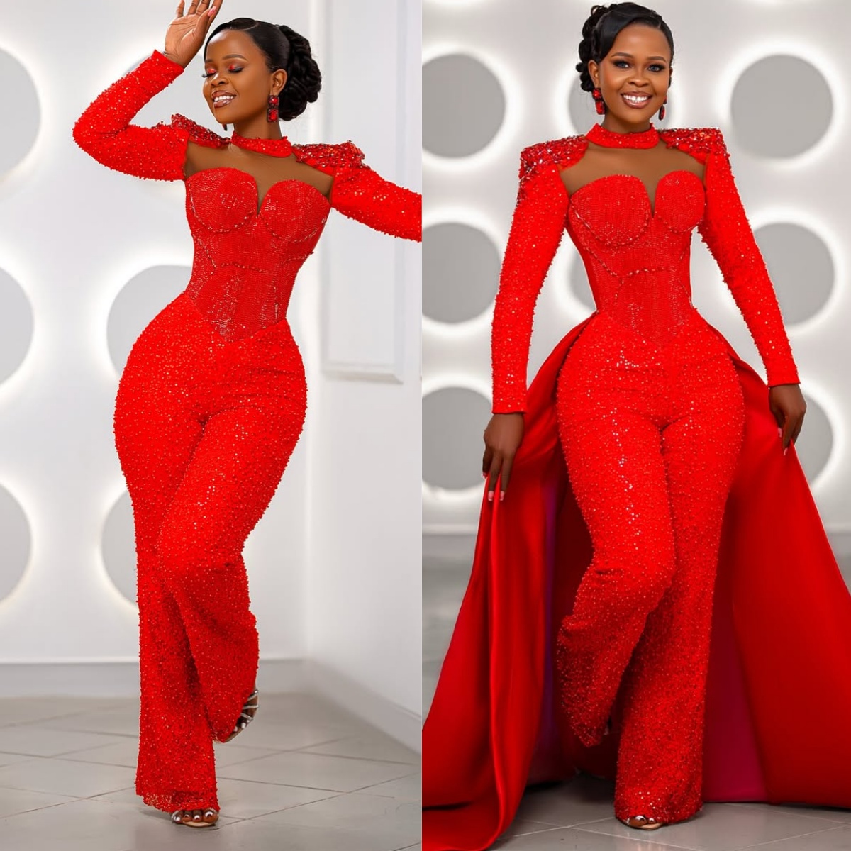 2025 Aso Ebi Prom Dresses One-Piece Jumpsuits High Neck Beaded Sequined Lace Detachable Train Evening Formal Gowns for Nigeria Black Women Birthday Go