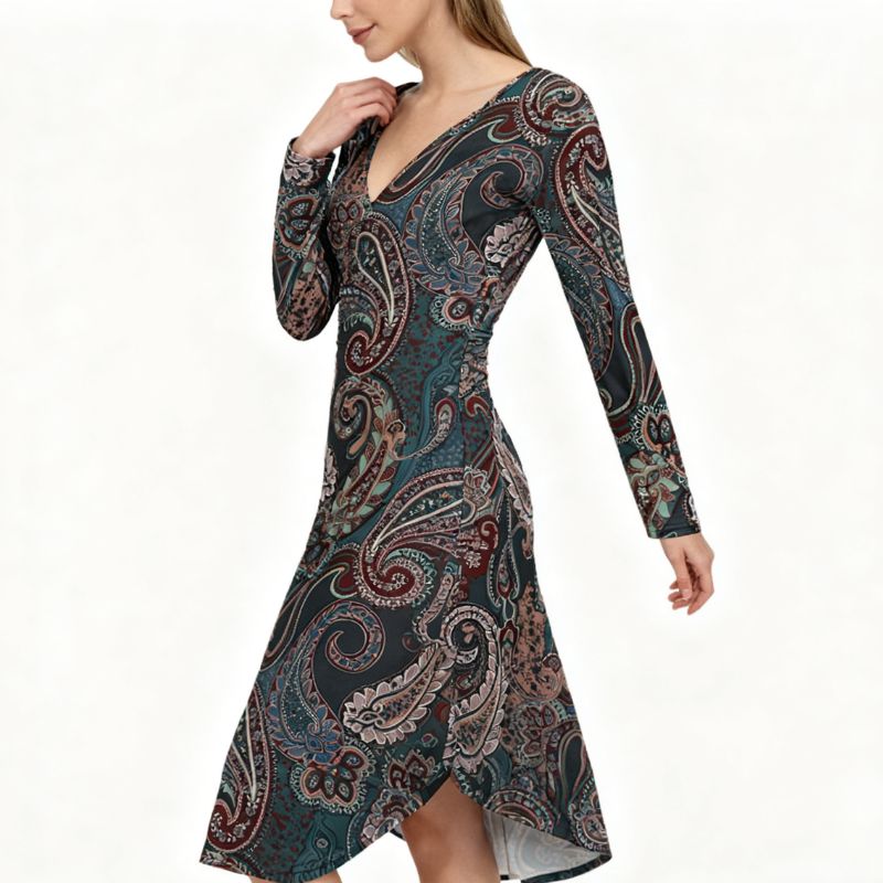 Women's Long Sleeve Paisley Print Maxi Dress - Autumn Winter Vintage Elegant Office Commute Dress-CF43293
