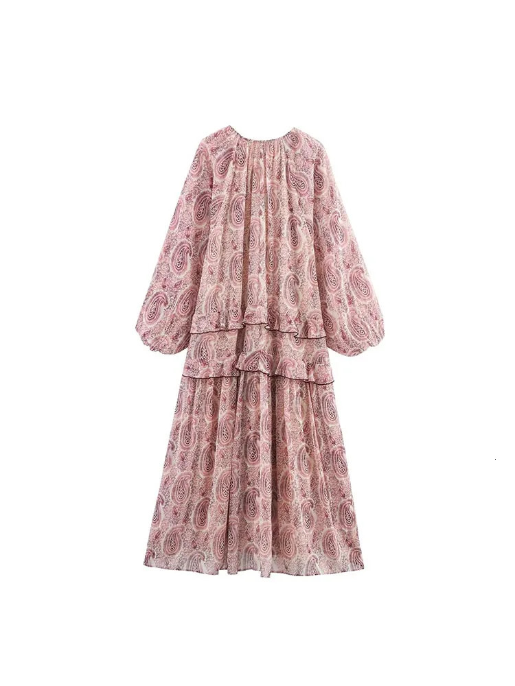 2025 Women Summer MIDI Dress Vintage Print Chiffon VNeck Cascading Ruffle Long Sleeve Female Elegant Street Dresses Clothing 250811A