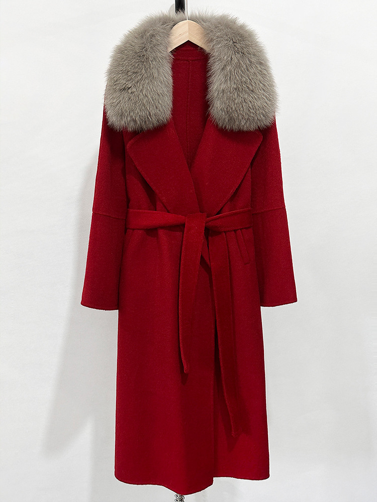 2025 French lazy women's slim fit coat with fox fur collar and lace up double-sided cashmere long woolen coat long coat women wool coat women des