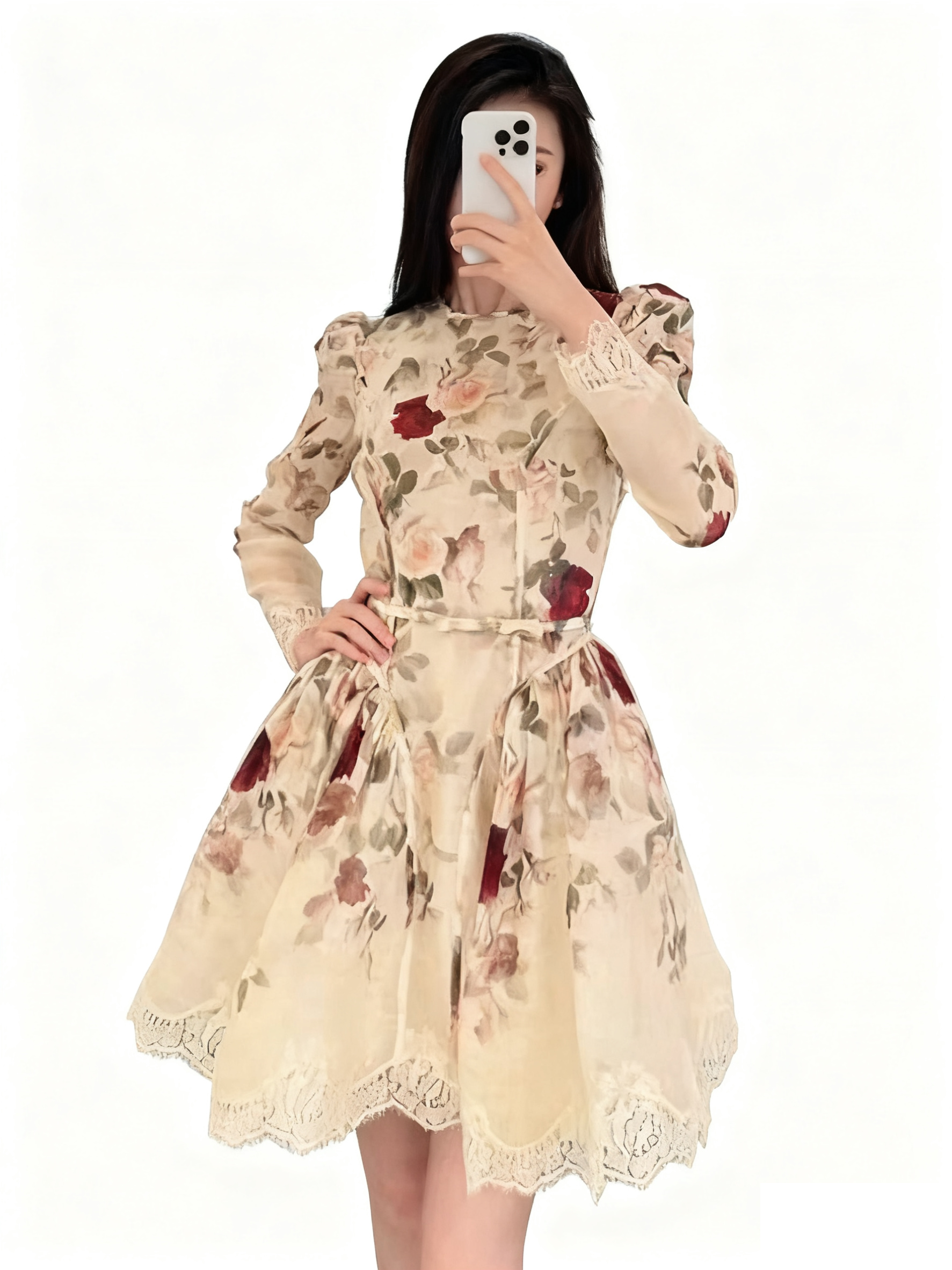 2025 Early Autumn Luxury High-End Rose Print Dress: Round Neck, Long Sleeves, Lace Trim, Slim-Fit With Flared Puff Skirt, Silk-Linen Blend, Retro French Noble Fairy Style