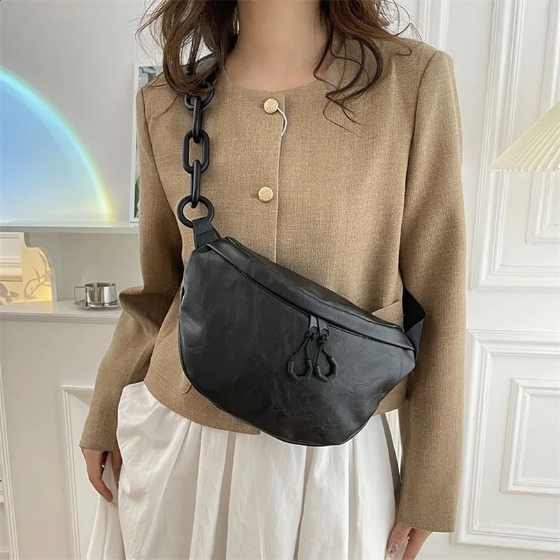 Soft PU Leather Waist Bag Women Quality Fanny Pack Thick Chain Shoulder Crossbody Chest Fashion Belt Bags Purses Packs 240906ZY