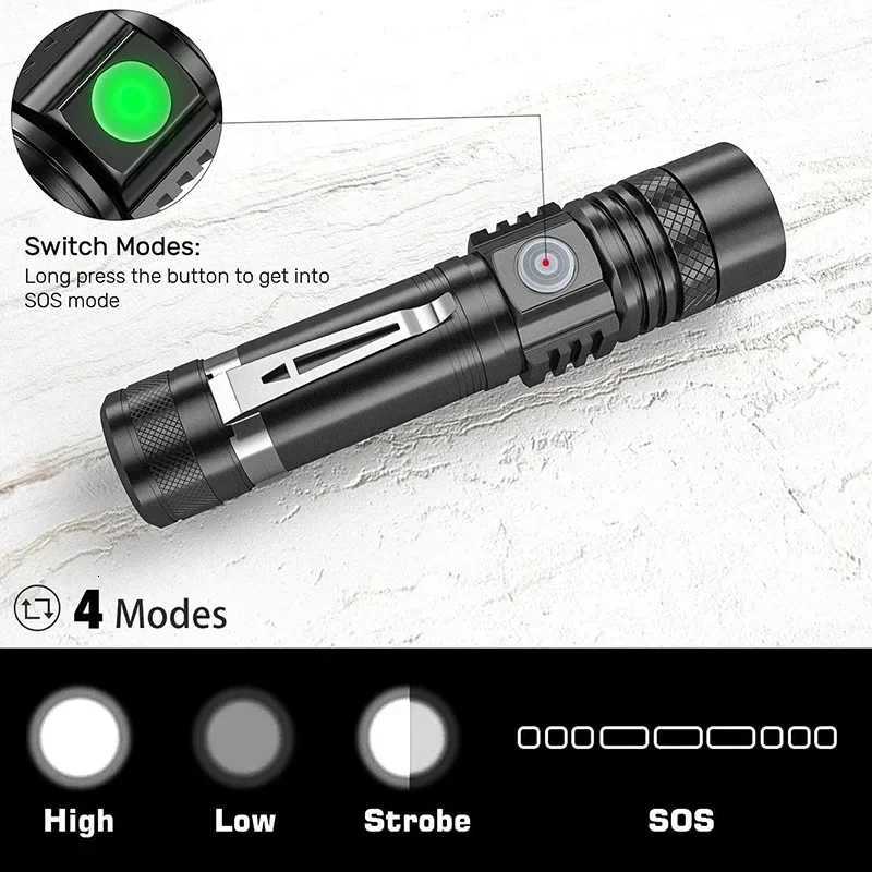 High Power Led Flashlights Zoomable Camping Torch With T6 LED Lamp Beads Waterproof 4 Lighting Modes Multi Function USB Charger D2509281
