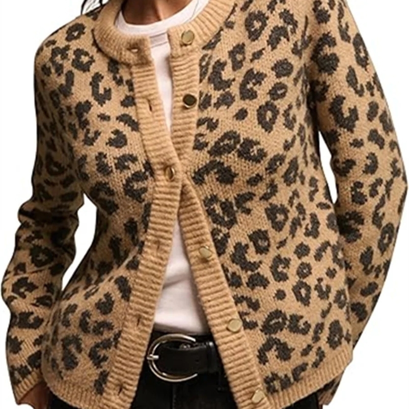 Fashion Knitted Leopard Print Cardigan Womens Loose Casual Printed Long Sleeve ONeck Top Retro Y2k Sweater Female 250107Z