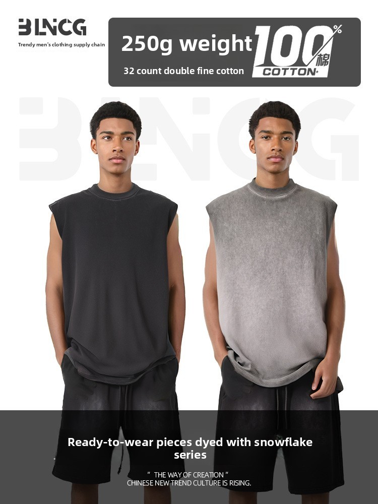 BLNCG Men's Cotton Sleeveless Tee: Summer Paris Hue, Washed Snow Wash, Loose Streetwear Sports Tank Top-KFMBX-10