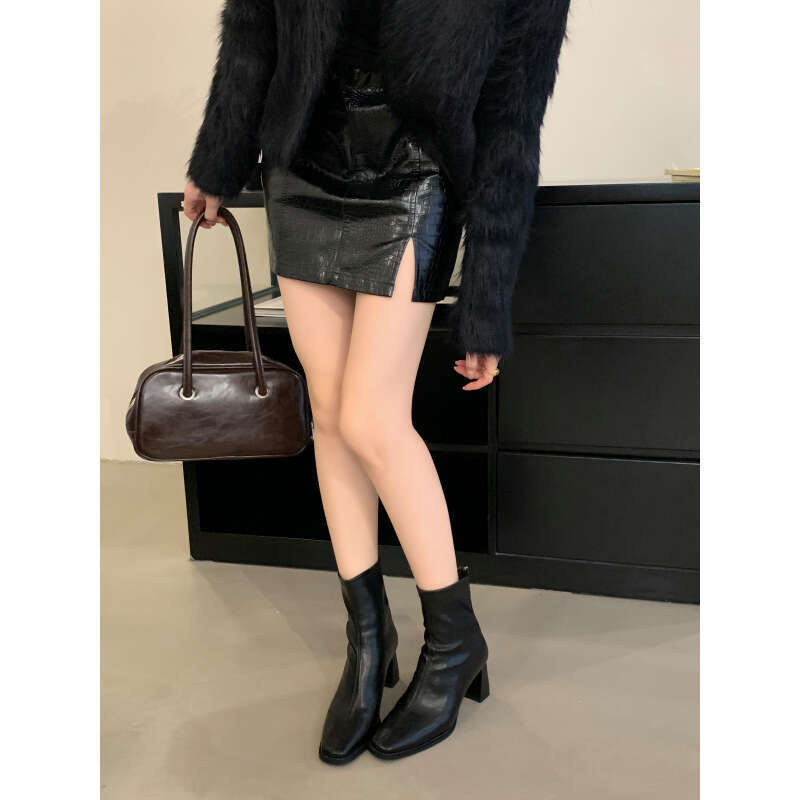 Black High Ankle for Women Autumn and Winter New French Style Square Toe Slim Chunky Heel Martin Boots, Women's Single Boots