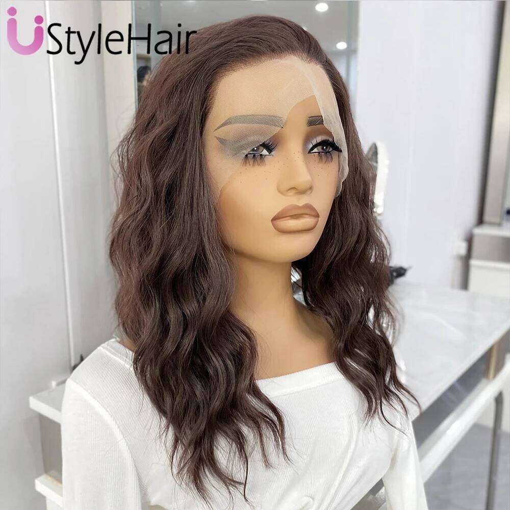 Ustylehair Brown Lace Front Natural Looking 12Inches Short Wave Heat Resistant Synthetic Hair Daily Use Cosplay Wig Xiusiyuan2509