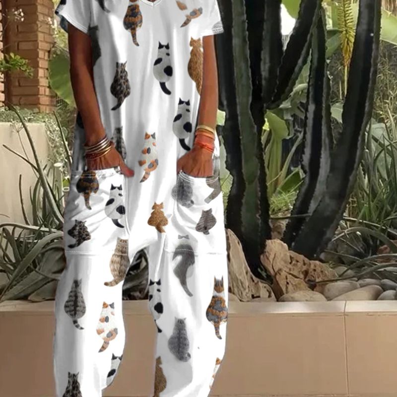 Women's V-Neck Cat Print Short Sleeve Jumpsuit - Milk Silk Fashion Vacation Style Romper with Pockets--CF52491