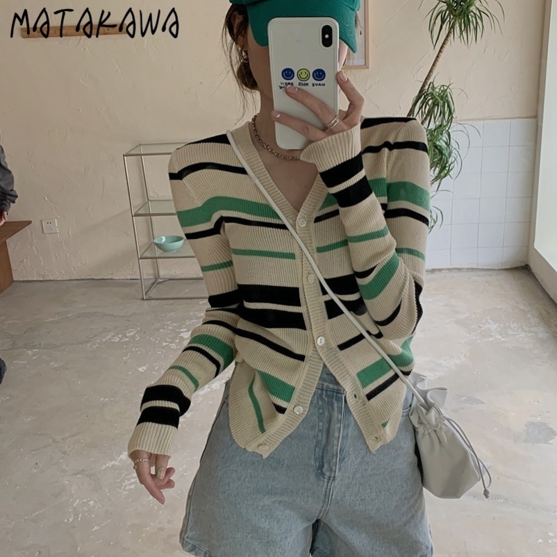 MATAKAWA Striped Women's Sweater Contrast Color V-neck Long-sleeved Knitted Cardigan Sweaters Spring Slim Single Breasted Top 210513