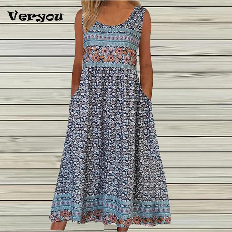 Summer Vintage Printed Midi Dress Women Casual Sleeveless Pocket Maxi Dresses For Beach Party Boho 240628