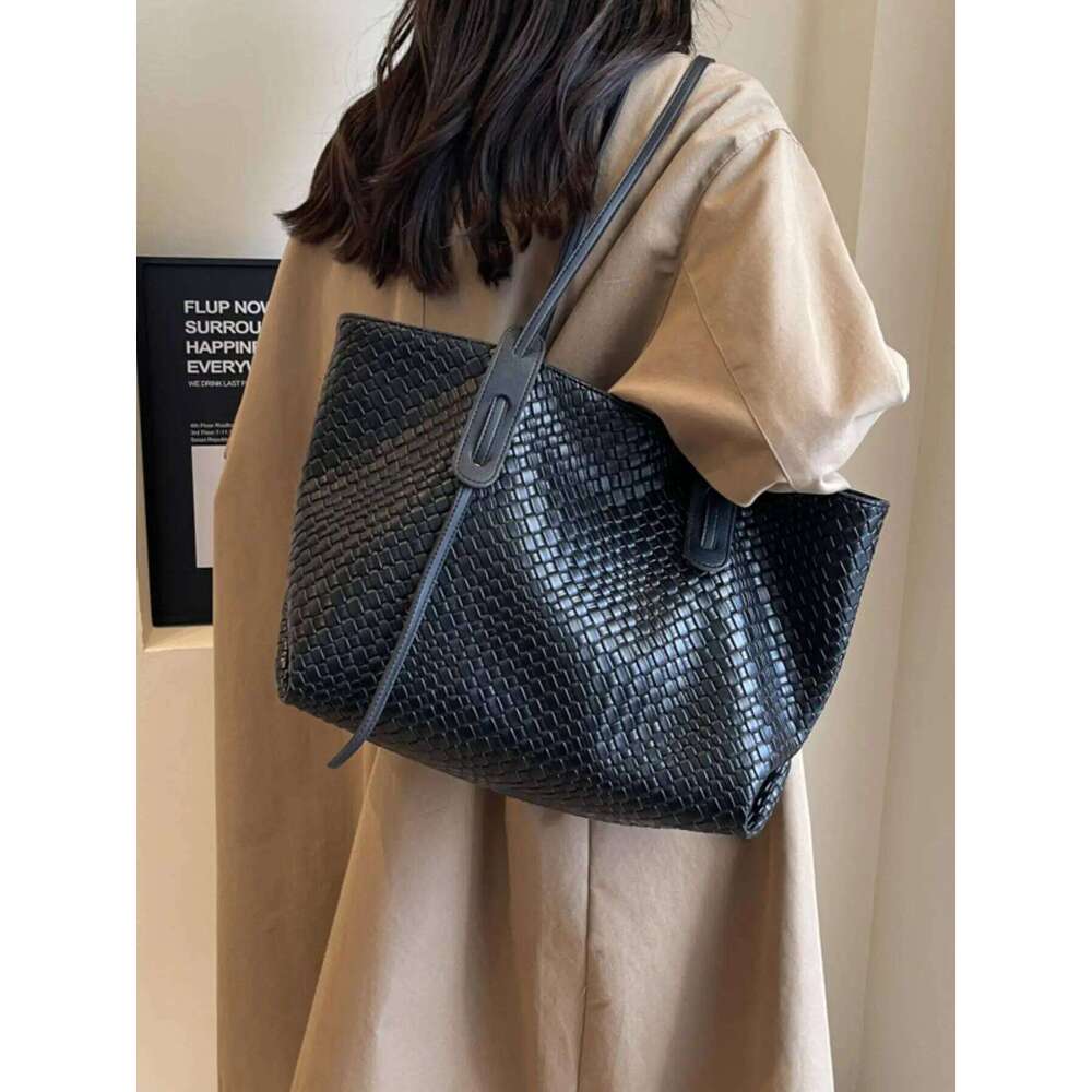 Retro Fashion Classic Solid Color Pu Woven Rhombic Lattice Design Double Handle Single Shoulder Large Capacity Tote Bag