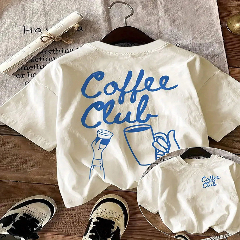 Coffee Club printed graphic Tshirt for womens casual round neck short sleeved top white simple and summer 250407wtt