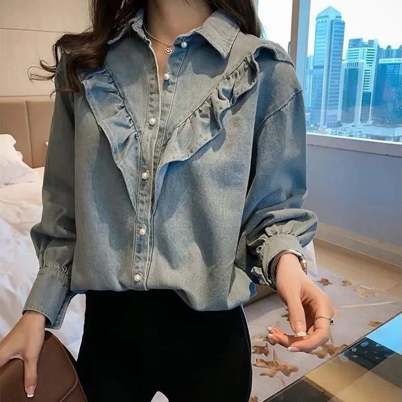 Korean Female Long Sleeved Denim Shirt Coat Spring Autumn Women Leisure Loose Fitting Jeans Coat Ladies Fashion Cowboy Blouse 250811A