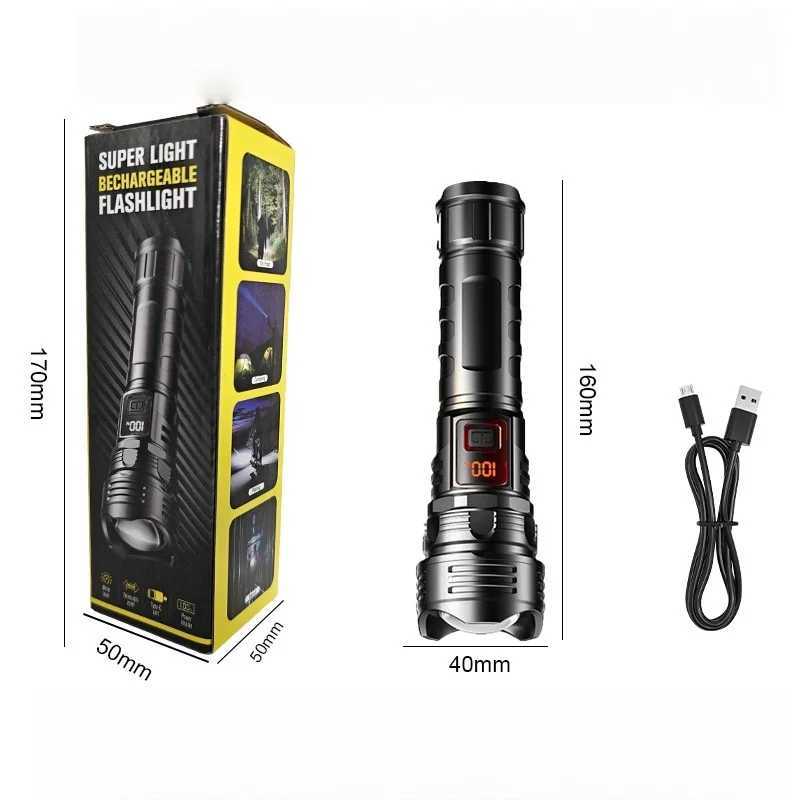 100000 LM High Power Led Flashlight Digital Display Portable USB Rechargeable Lantern Outdoor Tactical Torch Camping Work Lights D250928