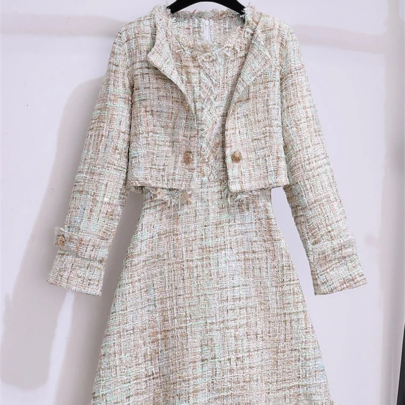 Fall Winter French Vintage Fragrance Tweed Two Piece Set Women Outfit Office Ladies Elegant Coatssleeveless Dresses Sets 240223