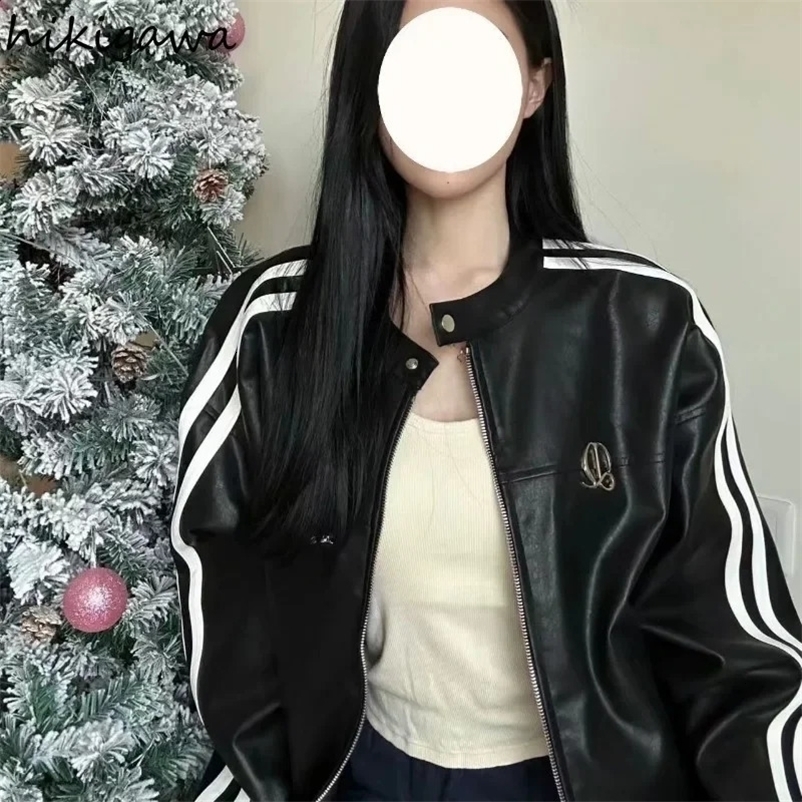 Streetwear Leather PU Jackets Vintage Chic Oversized Tops O-neck Long Sleeve Zipper Y2k Tops Casual Harajuku Black Coat 27t660 240723